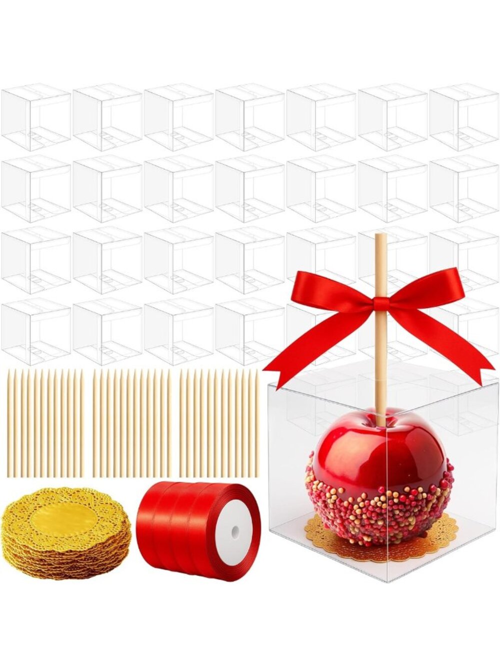 Clear Candy Apple Boxes - 100 Sets for Fall Harvest, Weddings & Parties, 4x4x4